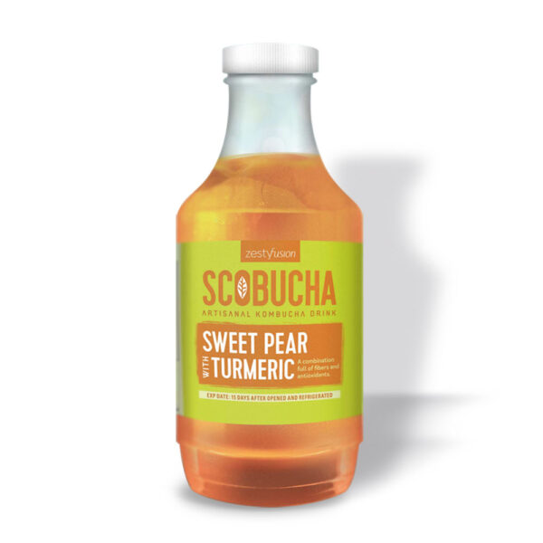 A bottle of scobucha sweet pear turmeric.