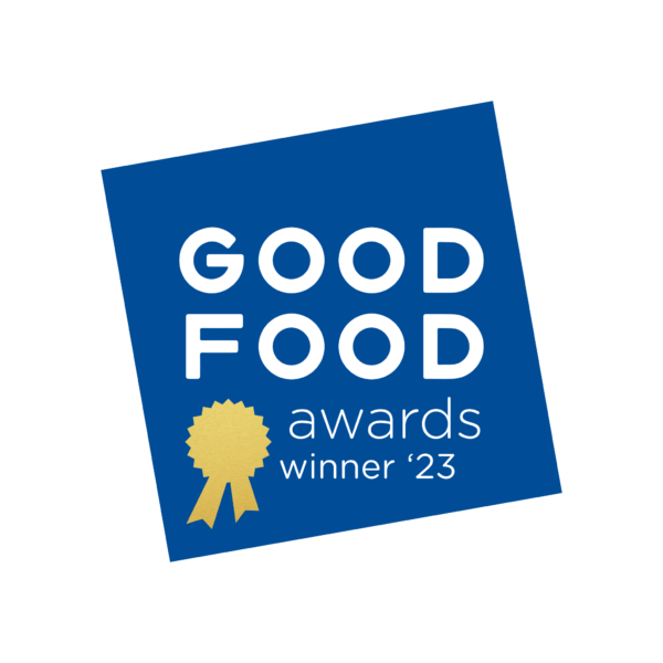 A blue square with the words " good food awards winner 2 3 ".