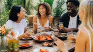 Friends gathering in a table full of fermented foods