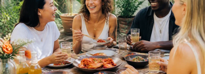 Friends gathering in a table full of fermented foods